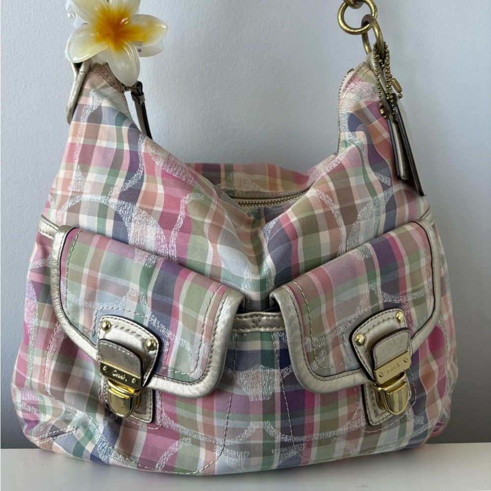 SOLD Coach Poppy Pink Pastel Plaid Shoulder Bag with Gold Hardware